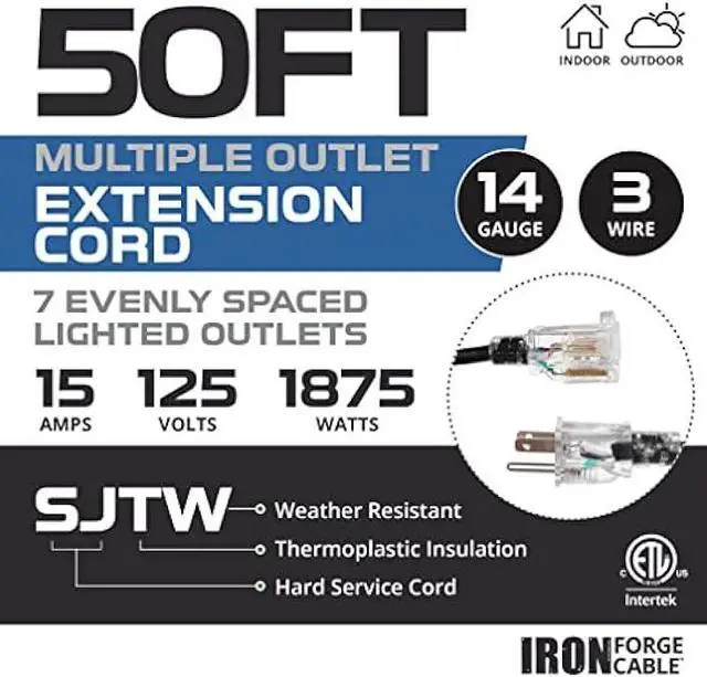 Alt view image 2 of 7 - 50 Ft Outdoor Extension Cord with 7 Evenly Spaced Lighted Power Outlets - 14/3 SJTW Durable Black Cable, 15 AMP