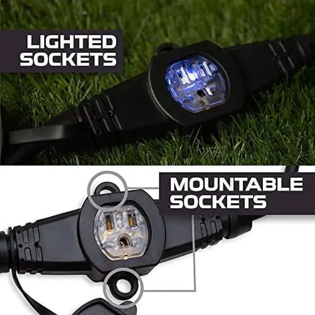 Alt view image 4 of 7 - 50 Ft Outdoor Extension Cord with 7 Evenly Spaced Lighted Power Outlets - 14/3 SJTW Durable Black Cable, 15 AMP