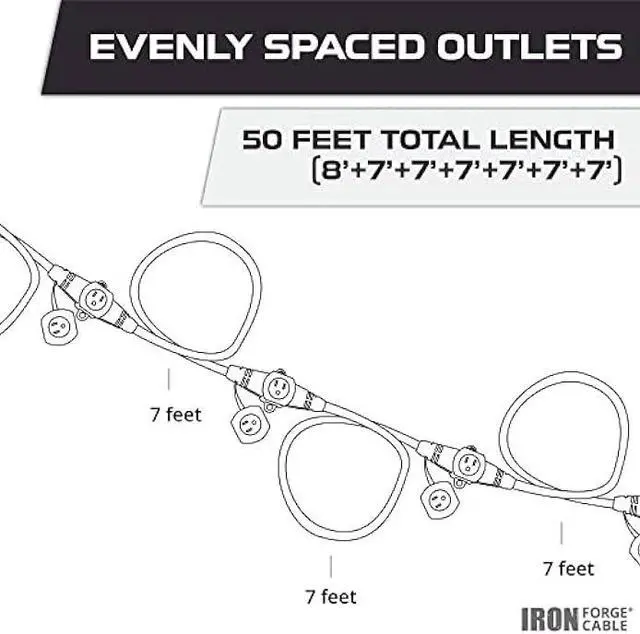 Alt view image 7 of 7 - 50 Ft Outdoor Extension Cord with 7 Evenly Spaced Lighted Power Outlets - 14/3 SJTW Durable Black Cable, 15 AMP