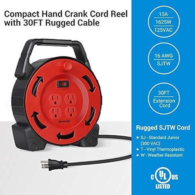 DEWENWILS Extension Cord Reel with 30 FT Power Cord, Hand Wind Retractable,  16/3 AWG SJTW, 4 Grounded Outlets, 13 Amp Circuit Breaker, Red Black, UL