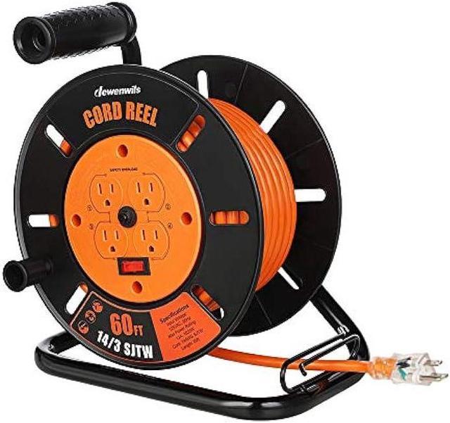 DEWENWILS 60FT Power Cord Reel, Heavy Duty Retractable Extension Cord for  Indoor/Outdoor, 14/3 SJTW, Metal Stand Open Cord Reel with 4 Grounded  Outlets, 13A Circuit Breaker, Handle Rewind, ETL Listed 