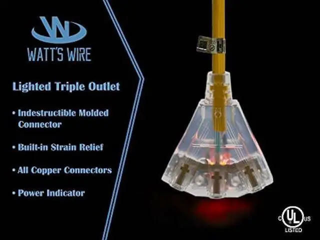 Alt view image 3 of 5 - 6 ft - GFCI 12 Gauge Heavy Duty 3-Outlet SJTW Indoor/Outdoor Yellow Extension Cord by Watt's Wire - Short 6' 12-Gauge Grounded 15-Amp GFI Power-Cord (6 Foot 12-Awg Yellow GFCI)