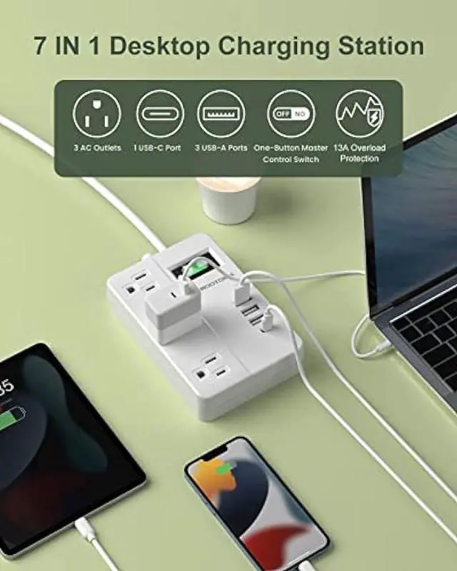 Alt view image 3 of 6 - 2 Prong Extension Cord with USB-C, ROOTOMA 2 Prong to 3 Prong Outlet Adapter, 3 Outlet & 4 USB Charging Station, 3 Prong Adapter 4ft, Non-Grounded, for Polarized Two Prong Outlet, Old House, White
