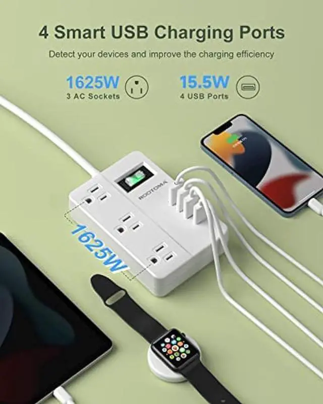 Alt view image 4 of 6 - 2 Prong Extension Cord with USB-C, ROOTOMA 2 Prong to 3 Prong Outlet Adapter, 3 Outlet & 4 USB Charging Station, 3 Prong Adapter 4ft, Non-Grounded, for Polarized Two Prong Outlet, Old House, White