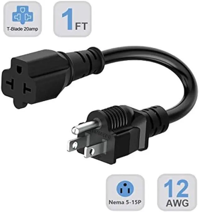 Alt view image 2 of 7 - 1-Foot 12 AWG 15 Amp Household Plug to 20 Amp Adapter Cable,Nema 5-15P to 5-15R/20R,5-15P to 6-15R/20R T-Blade 20-Amp to 15-Amp Extension Cord Heavy Duty 15A 125V to 20A 250V AC Power-Cable