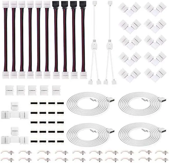 Main image of 4Pin RGB LED Strip Connector Kit - Include 5050 2 Way RGB Splitter Cable, 6.6feet RGB Extension Cable, RGB Controller Jumper, LED RGB Jumper, L and T Shape Connectors, Male Connector, LED Strip Clip