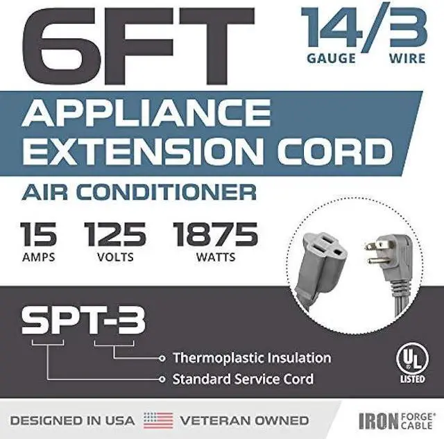 Alt view image 2 of 6 - 6 Ft Appliance Extension Cord Heavy Duty, Gray - 14 Gauge Flat 3 Prong SPT-3 Cable for Air Conditioner, Refrigerator and Kitchen Appliances Iron Forge Cable is a U.S. Veteran Owned Business