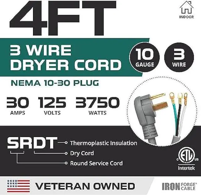Alt view image 2 of 6 - 3 Prong Dryer Cord - 4 Ft Extension Power Cord, 10/3 SRDT, 30 Amp, NEMA 10-30 Plug, Gray