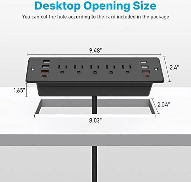 Alt view image 2 of 5 - CCCEI Recessed Power Strip Surge Protector with 5 Outlets, USB 3.0 and 45W USB-C Ports, Built-in Furniture Desk Hidden Outlet, with 6 FT 45 Degree Flat Plug Extension Cord