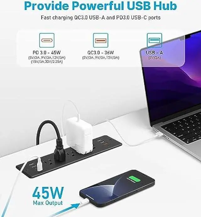 Alt view image 4 of 7 - CCCEI Recessed Power Strip Surge Protector with 5 Outlets, USB Hub 3.0 USB-A and 45W USB-C Ports, Built in Furniture Desk Hidden Outlet, with 6 FT 45 Degree Flat Plug Extension Cord.