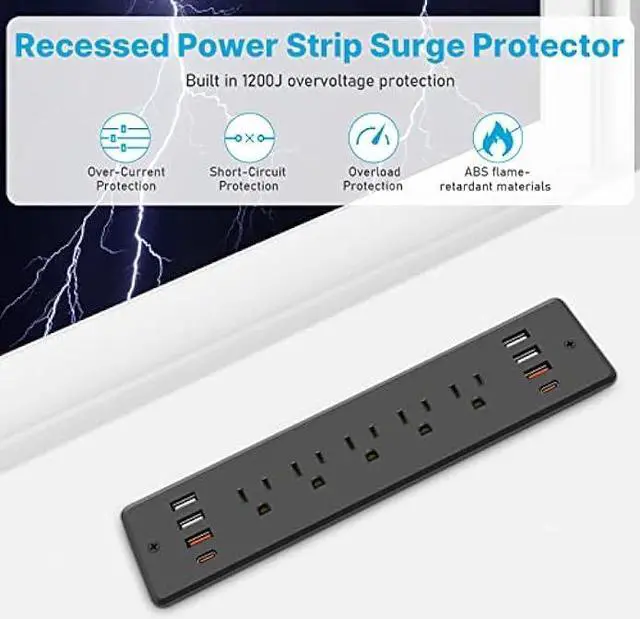 Alt view image 6 of 7 - CCCEI Recessed Power Strip Surge Protector with 5 Outlets, USB Hub 3.0 USB-A and 45W USB-C Ports, Built in Furniture Desk Hidden Outlet, with 6 FT 45 Degree Flat Plug Extension Cord.