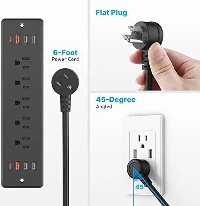 Alt view image 7 of 7 - CCCEI Recessed Power Strip Surge Protector with 5 Outlets, USB Hub 3.0 USB-A and 45W USB-C Ports, Built in Furniture Desk Hidden Outlet, with 6 FT 45 Degree Flat Plug Extension Cord.
