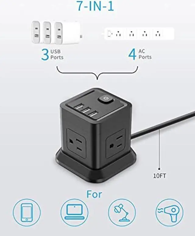 Alt view image 2 of 6 - Power Strip with USB, FDTEK Flat Plug Extension Cord with 4 Outlets and 3 USB Ports 10 FT Desk Power Strip Cube Overload Protection Compact Portable for Travel Home Office Cruise Ship - Black
