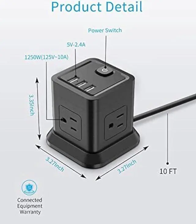 Alt view image 3 of 6 - Power Strip with USB, FDTEK Flat Plug Extension Cord with 4 Outlets and 3 USB Ports 10 FT Desk Power Strip Cube Overload Protection Compact Portable for Travel Home Office Cruise Ship - Black