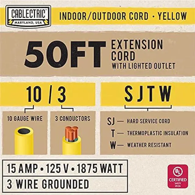 Alt view image 2 of 7 - Cablectric 50 Ft Outdoor Extension Cord - 10/3 SJTW Heavy Duty Yellow 10 Gauge Lighted Electrical Cable with 3 Prong Grounded Plug