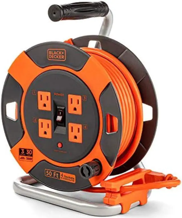 Main image of BLACK+DECKER 50 Ft. Retractable Extension Cord Reel With 4 Outlets, Multi-Plug Extension, Easy Handle Rewind & Heavy-Duty 14AWG SJTW Cable