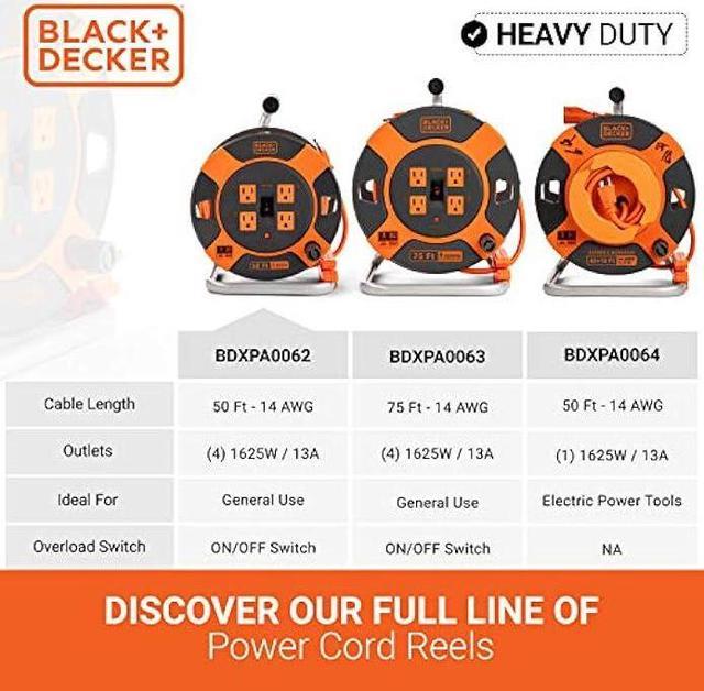 BLACK+DECKER 50 Ft. Retractable Extension Cord Reel With 4 Outlets,  Multi-Plug Extension, Easy Handle Rewind & Heavy-Duty 14AWG SJTW Cable 