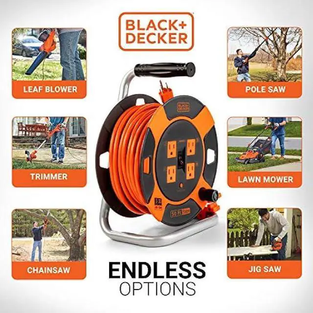 Alt view image 4 of 6 - BLACK+DECKER 50 Ft. Retractable Extension Cord Reel With 4 Outlets, Multi-Plug Extension, Easy Handle Rewind & Heavy-Duty 14AWG SJTW Cable