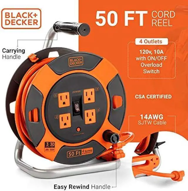 Alt view image 3 of 6 - BLACK+DECKER 50 Ft. Retractable Extension Cord Reel With 4 Outlets, Multi-Plug Extension, Easy Handle Rewind & Heavy-Duty 14AWG SJTW Cable