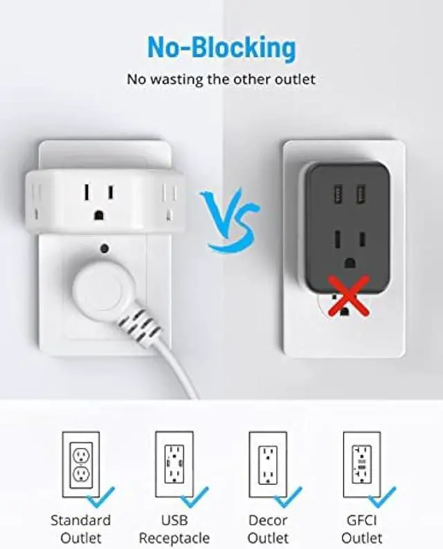 Alt view image 4 of 6 - Multi Plug Outlet Extender 2 Pack - TROND Electrical Wall Outlet Splitter, 3 Way Outlet Wall Adapter, Cruise Essentials, Small Multiple Plug Expander for Cruise Ship Home Office Dorm Room White