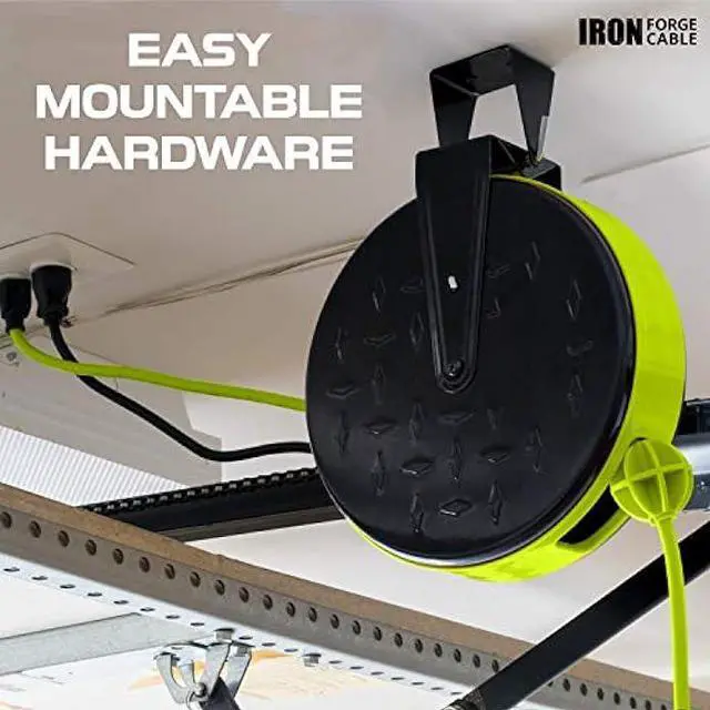 Alt view image 4 of 6 - Iron Forge 30Ft Green Retractable Extension Cord Reel with Breaker Switch & 3 Grounded Electrical Power Outlets - 16/3 SJTW Durable Cable - Perfect for Ceiling or Wall Mount