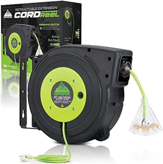 CopperPeak Tools Retractable Extension Cord Reel - 50 ft 14AWG- 3 Electric  Power Outlets - Ceiling or Wall Mount - Green and Grey 