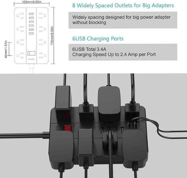 Alt view image 3 of 7 - Power Strip with USB,AOFO Extension Cord 8 Widely Spaced Outlets and 6 USB Charging Ports Surge Protector for iPhone iPad PC Home Office Travel, 5 Feet Long Cord, Black