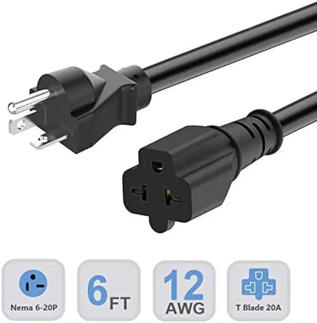 Alt view image 2 of 5 - 6-Ft 12AWG Nema 6-20P Extension Cord 20 Amp Nema 6-20 Heavy Duty Extension Cord 6Ft,Nema 6-20P to 6-15R/20R,6-20P to 5-20R 20AMP T-Blade Adapter-Cable, 250V 20A AC Extension Cord