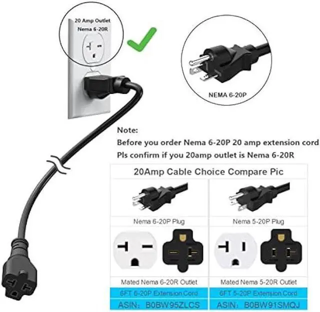 Alt view image 4 of 5 - 6-Ft 12AWG Nema 6-20P Extension Cord 20 Amp Nema 6-20 Heavy Duty Extension Cord 6Ft,Nema 6-20P to 6-15R/20R,6-20P to 5-20R 20AMP T-Blade Adapter-Cable, 250V 20A AC Extension Cord
