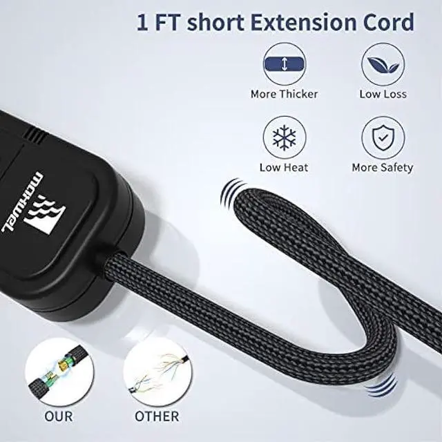 Alt view image 2 of 5 - 2Pack Small Power Strip Black Outlet - 1FT Heavy Duty Power Extension Cord, Mini Size Portable 3 Outlet Power Strip for Office,Computer,Home Accessories,Travel,ETL Listed (13a/125v/60hz/1625w)