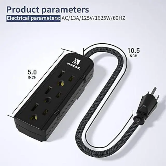 Alt view image 3 of 5 - 2Pack Small Power Strip Black Outlet - 1FT Heavy Duty Power Extension Cord, Mini Size Portable 3 Outlet Power Strip for Office,Computer,Home Accessories,Travel,ETL Listed (13a/125v/60hz/1625w)