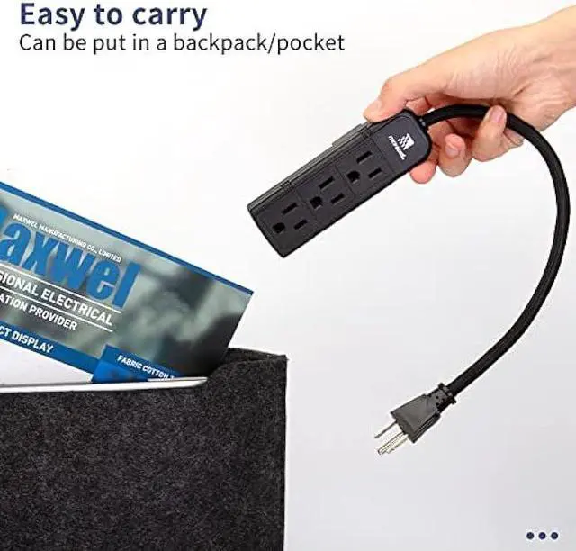 Alt view image 5 of 5 - 2Pack Small Power Strip Black Outlet - 1FT Heavy Duty Power Extension Cord, Mini Size Portable 3 Outlet Power Strip for Office,Computer,Home Accessories,Travel,ETL Listed (13a/125v/60hz/1625w)