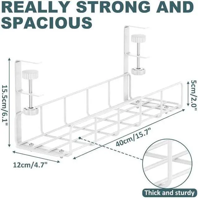 Alt view image 5 of 6 - Under Desk Cable Management Tray, 15.7'' White No Drill Steel Desk Cable Organizers, Wire Management Tray Cable Management Rack, Desk Cable Tray with Wire Organizer White1pack