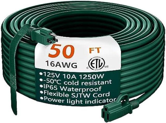 Indoor Outdoor Green Extension Cord 50 ft Waterproof, 16/3 Gauge Flexible  Cold-Resistant Appliance Extension Cord Outside, 13A 1625W 16AWG SJTW, 3  Prong Heavy Duty Electric Cord, ETL HUANCHAIN 