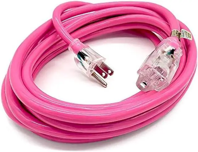 Main image of 15 ft - 14 Gauge Heavy Duty Lighted SJTW Indoor/Outdoor Pink Extension Cord by Watt's Wire - 15' 14-Gauge Grounded 15-Amp Power-Cord (15 Foot 14-Awg Pink)