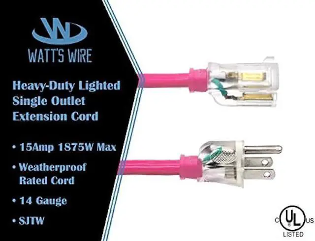 Alt view image 2 of 5 - 15 ft - 14 Gauge Heavy Duty Lighted SJTW Indoor/Outdoor Pink Extension Cord by Watt's Wire - 15' 14-Gauge Grounded 15-Amp Power-Cord (15 Foot 14-Awg Pink)