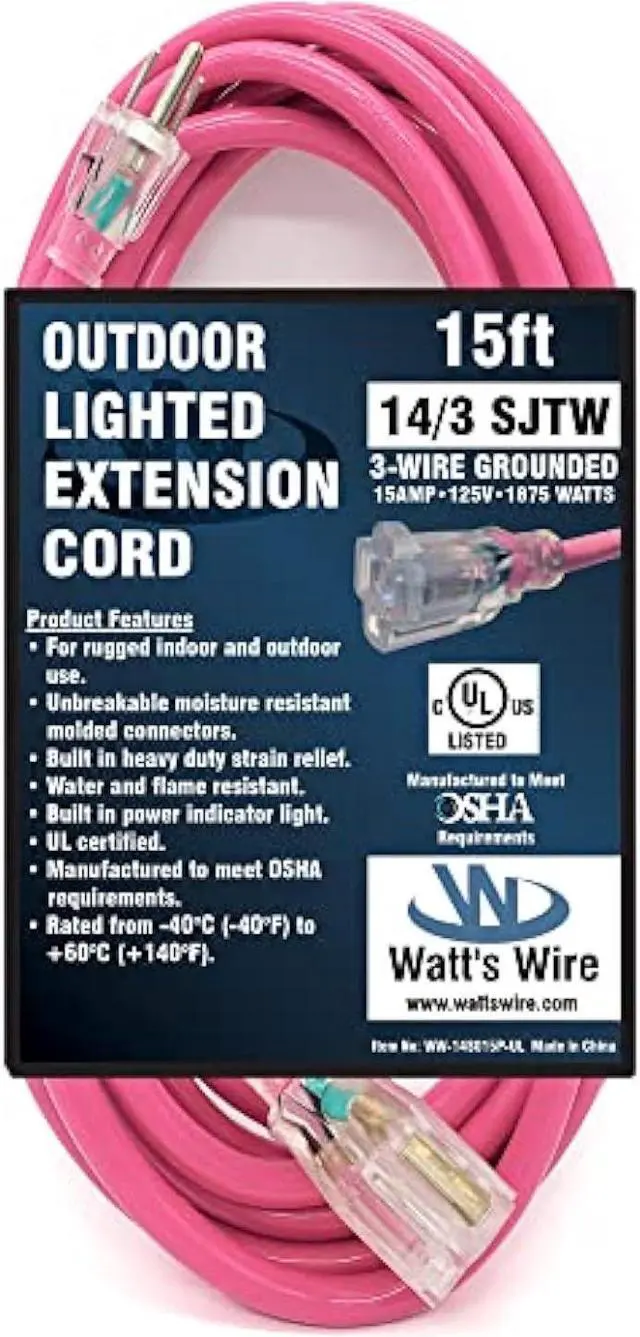 Alt view image 5 of 5 - 15 ft - 14 Gauge Heavy Duty Lighted SJTW Indoor/Outdoor Pink Extension Cord by Watt's Wire - 15' 14-Gauge Grounded 15-Amp Power-Cord (15 Foot 14-Awg Pink)