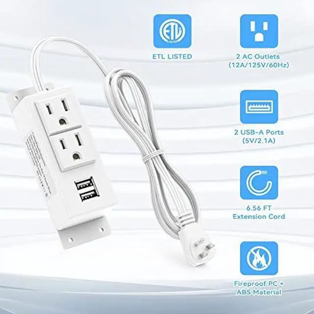 Alt view image 2 of 6 - Kungfuking Power Strip with USB, Wall Mountable Socket Surge Protector Power Strip with 2 AC Outlets and 2 USB Charging Ports White Extension Cord 6.56 FT, Flat Plug