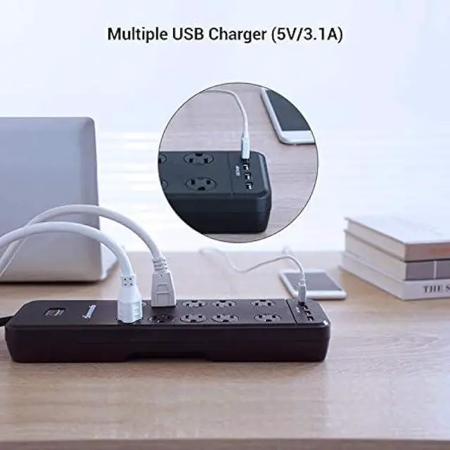 Alt view image 3 of 7 - DEWENWILS 10-Outlet Surge Protector Power Strip with 4 USB Ports, 15 FT Long Extension Cord, Right Angle Flat Plug, 2480J Surge Rating 15AMP Circuit Breaker, Wall Mountable, UL Listed