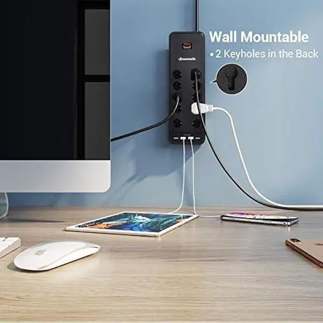 Alt view image 5 of 7 - DEWENWILS 10-Outlet Surge Protector Power Strip with 4 USB Ports, 15 FT Long Extension Cord, Right Angle Flat Plug, 2480J Surge Rating 15AMP Circuit Breaker, Wall Mountable, UL Listed
