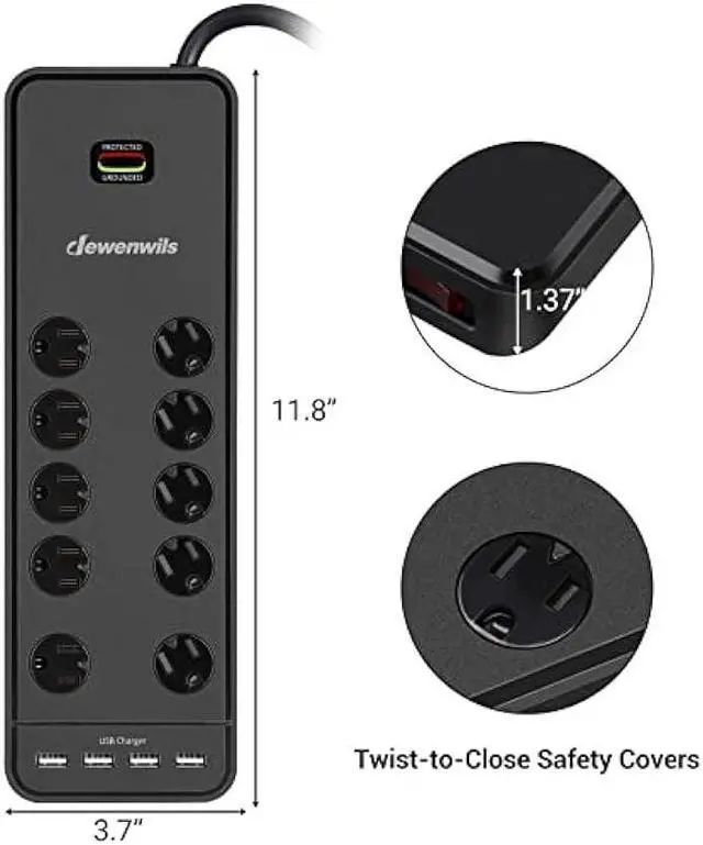 Alt view image 7 of 7 - DEWENWILS 10-Outlet Surge Protector Power Strip with 4 USB Ports, 15 FT Long Extension Cord, Right Angle Flat Plug, 2480J Surge Rating 15AMP Circuit Breaker, Wall Mountable, UL Listed