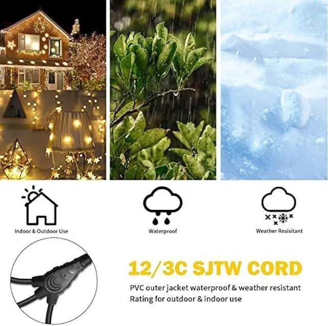 Alt view image 5 of 7 - EP Outdoor Extension Cord 1 to 3 Splitter, Max 6ft End to End (12FT Total), 3 Prong Outlets Plugs, 16/3 SJTW Weatherproof Wire for Christmas Landscape String Lights, Black