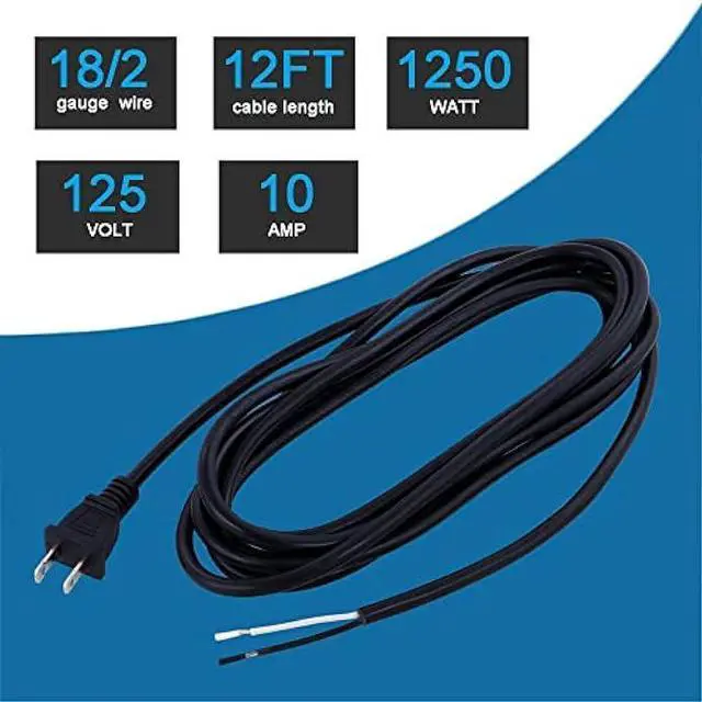 Alt view image 2 of 6 - 12FT Replacement Power Cord 18 Gauge Round Cable Polarized 2 Prong Plug Pigtail 18 AWG 120V AC Power Supply Cord SJT 2/C Wire Stripped Off 10A 1250watt Black Plug Cords Open End