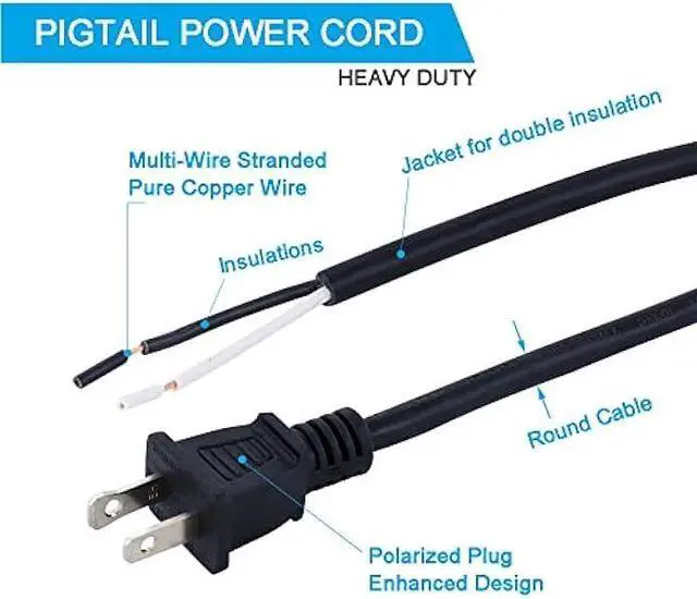 Alt view image 4 of 6 - 12FT Replacement Power Cord 18 Gauge Round Cable Polarized 2 Prong Plug Pigtail 18 AWG 120V AC Power Supply Cord SJT 2/C Wire Stripped Off 10A 1250watt Black Plug Cords Open End