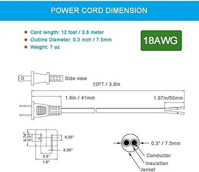 Alt view image 5 of 6 - 12FT Replacement Power Cord 18 Gauge Round Cable Polarized 2 Prong Plug Pigtail 18 AWG 120V AC Power Supply Cord SJT 2/C Wire Stripped Off 10A 1250watt Black Plug Cords Open End
