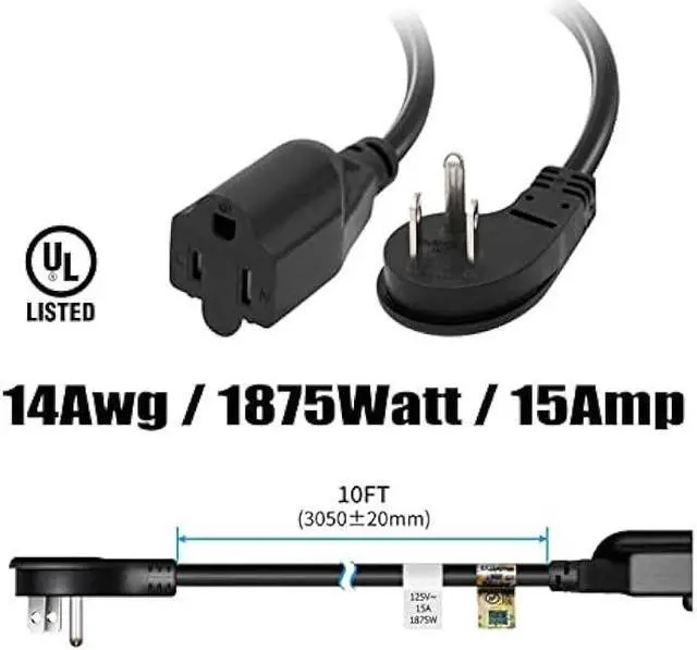 Alt view image 2 of 6 - FIRMERST 10ft 1875W Flat Plug Extension Cord 14 AWG Black 15A