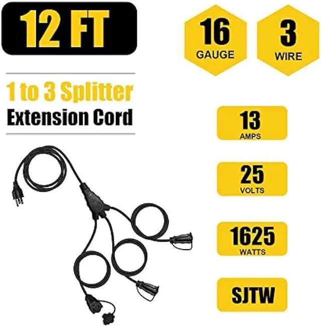 Alt view image 2 of 7 - EP Outdoor Extension Cord 1 to 3 Splitter, Max 6ft End to End (12FT Total), 3 Prong Outlets Plugs, 16/3 SJTW Weatherproof Wire for Christmas Landscape String Lights, Black