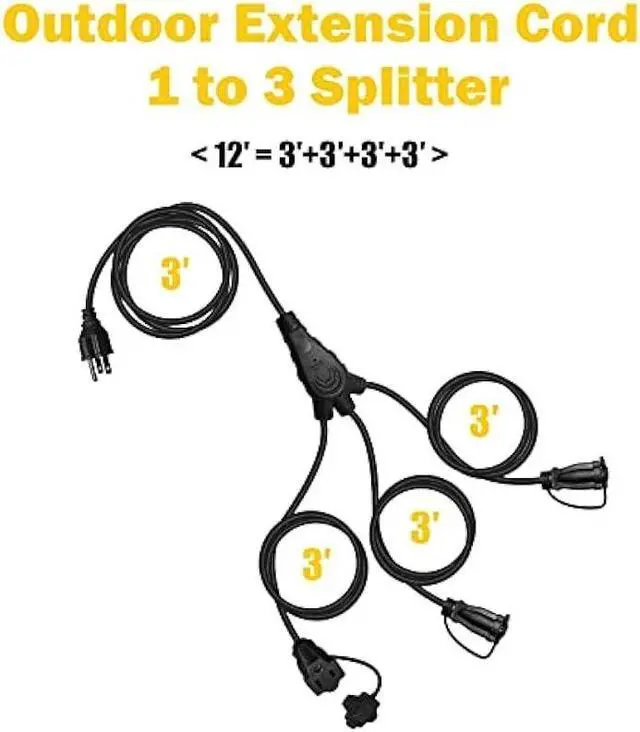 Alt view image 4 of 7 - EP Outdoor Extension Cord 1 to 3 Splitter, Max 6ft End to End (12FT Total), 3 Prong Outlets Plugs, 16/3 SJTW Weatherproof Wire for Christmas Landscape String Lights, Black