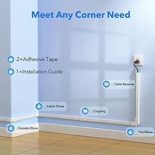 Alt view image 6 of 6 - Yecaye PVC Wire Covers for Cords on Wall, One-Cord Cable Concealer Kit, Paintable Cable Raceway Management, 304in Cord Hider, Max for 2 Small Cords for Home Office, W0.59in H0.4in