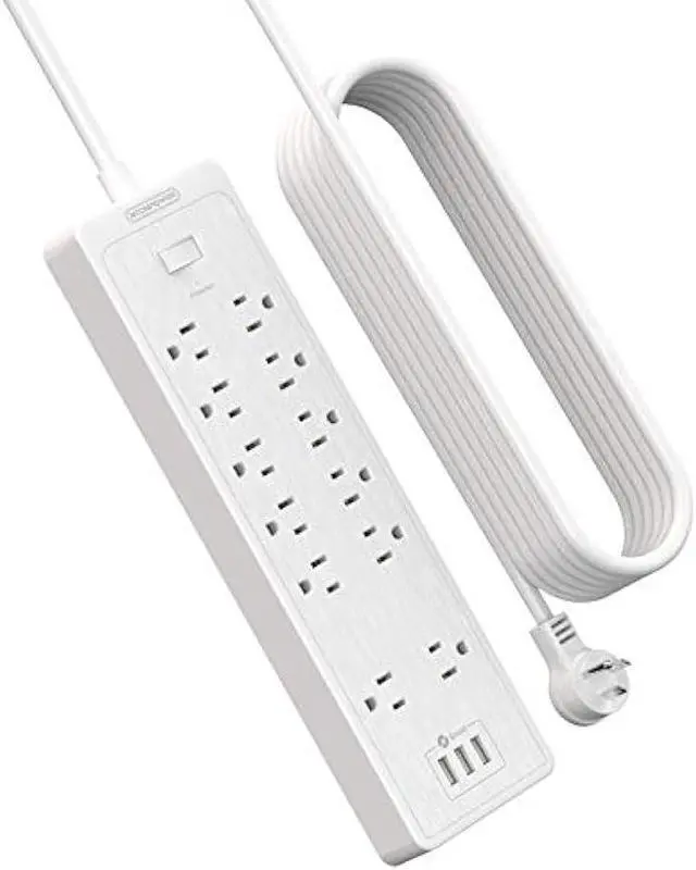Main image of Extension Cord 25 ft Power Strip, NTONPOWER 2100 Joules Surge Protector with 12 Outlet 3 USB Port, 1875W/15A, Overload Protection, Flat Plug, Long Cord for Workbench, Home Office Accessories, White